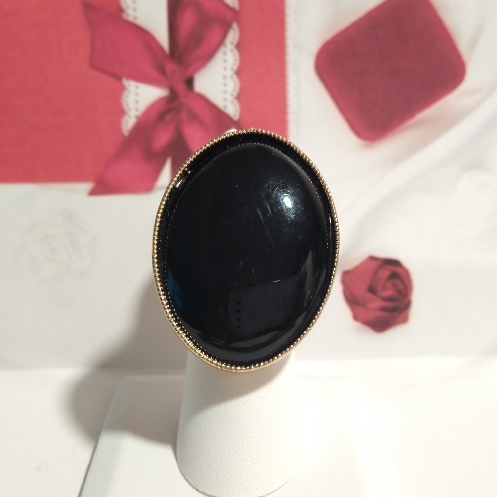 Statement Ring Large Oval Black Stone Gold Tone B… - image 3